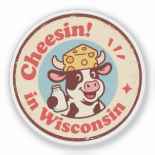 Retro-Wisconsin-Abzeichen_ Cartoon-Kuh mit Käsehut Aufkleber