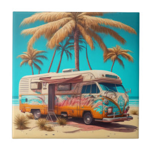 Retro-Wohnmobil und Palmen Fliese