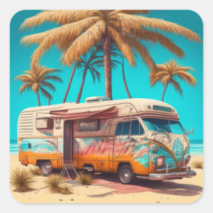 Retro-Wohnmobil und Palmen Quadratischer Aufkleber