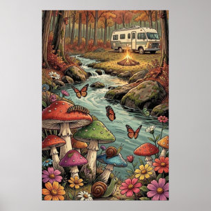 Retro-Wohnwagen, Pilze, Bach und Blumen Poster