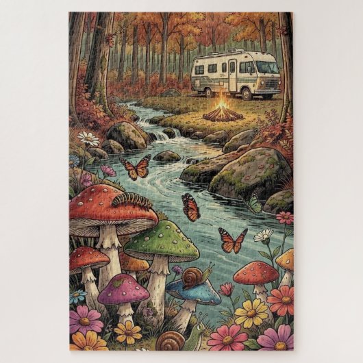 Retro-Wohnwagen, Pilze, Bach und Blumen Puzzle (Vertikal)
