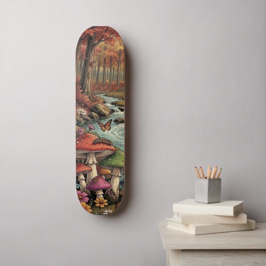 Retro-Wohnwagen, Pilze, Bach und Blumen Skateboard (Wandkunst)