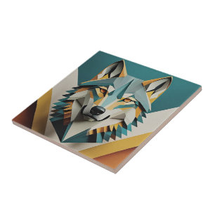 Retro-Wolf cooler geometrischer Stil Blau Senf Fliese