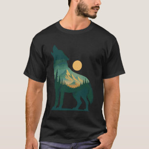 Retro Wolf Doppelbelichtungs-Kunst-Silhouette Berg T-Shirt