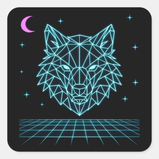 Retro Wolf Synthwave - Neon Night Howler Quadratischer Aufkleber (Vorderseite)