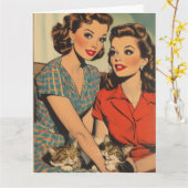 RETRO WOMAN CAT MOM HELLO GREETING CARD KARTE (Gelbe Blume)