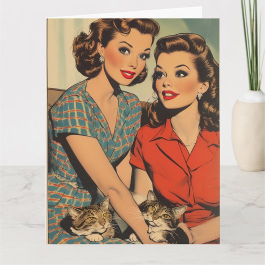 RETRO WOMAN CAT MOM HELLO GREETING CARD KARTE (Vorderseite)