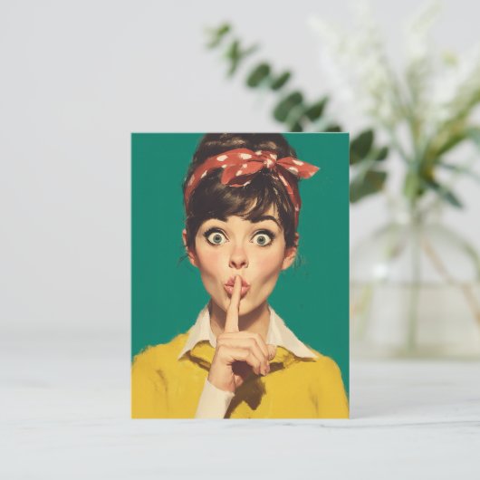Retro Woman Making a Shush Postkarte (Stehend Vorderseite)