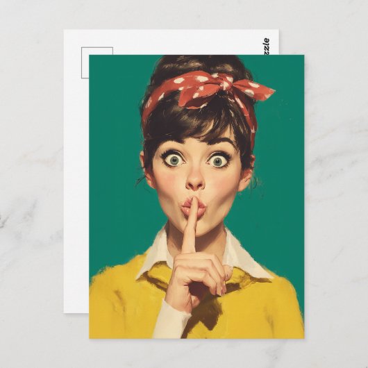 Retro Woman Making a Shush Postkarte (Vorne/Hinten)