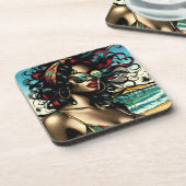 Retro Woman on Beach Comic Style Pop Art Getränkeuntersetzer (Linke Seite)