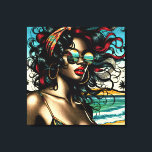 Retro Woman on Beach Comic Style Pop Art Leinwanddruck<br><div class="desc">Hübsche Retro-Amerikanerin in Bikini,  die am Strand sitzt und eine Sonnenbrille in Vintagen Farben im Stil eines Pop Art Comic trägt.</div>