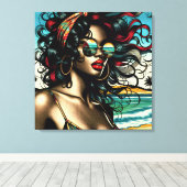 Retro Woman on Beach Comic Style Pop Art Leinwanddruck (Insitu (Holzboden))