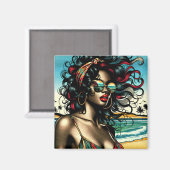 Retro Woman on Beach Comic Style Pop Art Magnet (Vorderseite/Rückseite)
