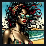 Retro Woman on Beach Comic Style Pop Art Poster<br><div class="desc">Hübsche Retro-Amerikanerin in Bikini,  die am Strand sitzt und eine Sonnenbrille in Vintagen Farben im Stil eines Pop Art Comic trägt.</div>
