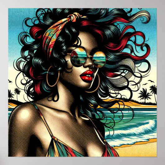 Retro Woman on Beach Comic Style Pop Art Poster (Vorne)