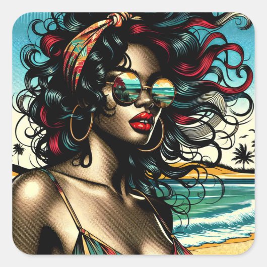 Retro Woman on Beach Comic Style Pop Art Quadratischer Aufkleber (Vorderseite)