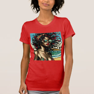 Retro Woman on Beach Comic Style Pop Art T-Shirt