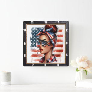 Retro Woman Patriotic American Flag Quadratische Wanduhr