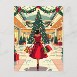 Retro Woman Shopping Mid Century Christmas Postkarte