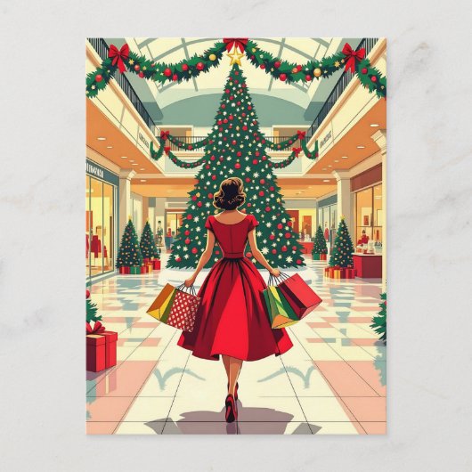 Retro Woman Shopping Mid Century Christmas Postkarte (Vorderseite)