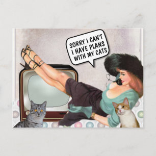 RETRO WOMAN SORRY CAN'T PLÄNE WITH CATS POSTCARDS POSTKARTE
