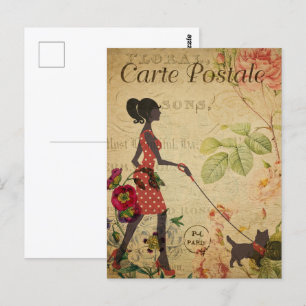 Retro Woman Walking Dog Postkarte