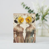 Retro Women With Daffodil Heads Postkarte (Stehend Vorderseite)
