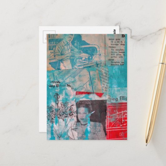 Retro Woodworking Man Woman Flowers Collage Postkarte (Vorderseite/Rückseite Beispiel)