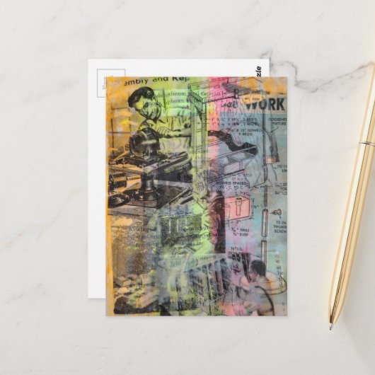 Retro Woodworking Men Mixed Media Collage Postkarte (Vorderseite/Rückseite Beispiel)