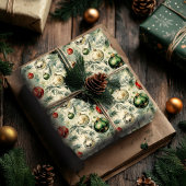 Retro Wrapping Paper Green and Red Ornaments Geschenkpapier