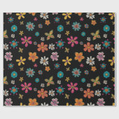 Retro Wrapping Paper - Schwarze Floral Doodles Geschenkpapier (Flach)