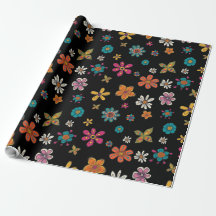 Retro Wrapping Paper - Schwarze Floral Doodles