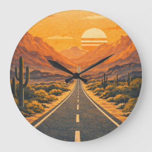 Retro-Wüsten-Highway-Sonnenuntergangs-Landschaftsu Große Wanduhr