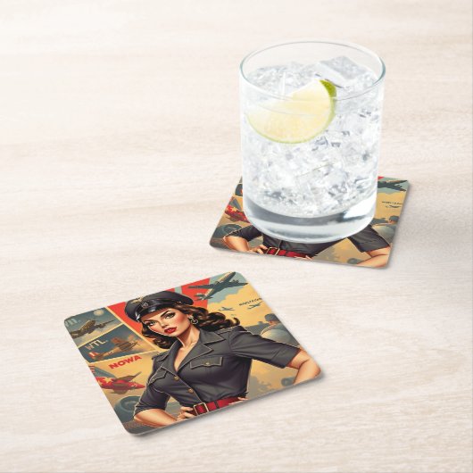 Retro WW2 Button Up Girl Paper Untersetzer (Vor Ort)