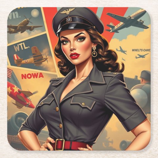 Retro WW2 Button Up Girl Paper Untersetzer (Vorderseite)