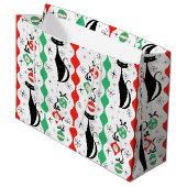 Retro Xmas Cat Strip Multi Große Geschenktüte (Vorderseite Schrägansicht)