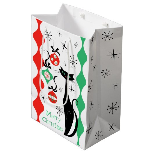 Retro Xmas Cat Stripe Frohe Weihnachten Mittlere Geschenktüte (Vorderseite Schrägansicht)