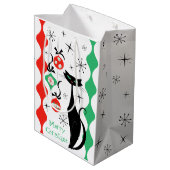 Retro Xmas Cat Stripe Frohe Weihnachten Mittlere Geschenktüte (Rückseite Schrägansicht)