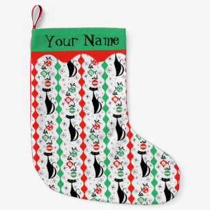 Retro Xmas Cat Stripe Multi Name 1-seitig Kleiner Weihnachtsstrumpf