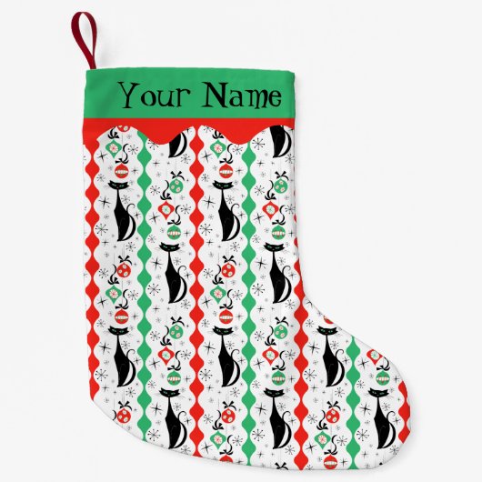 Retro Xmas Cat Stripe Multi Name 2-seitig Kleiner Weihnachtsstrumpf (Vorderseite)