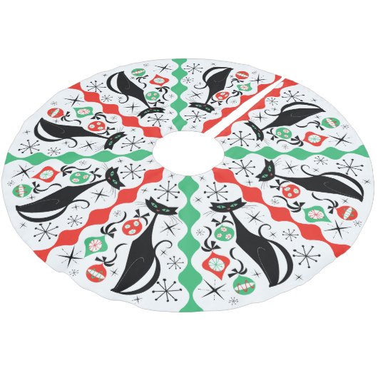 Retro Xmas Cat Stripe Tree Rock Polyester Weihnachtsbaumdecke (Schrägansicht)