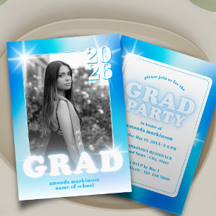Retro Y2K Cyber Blau Neon Abschlussfeier-Foto-Part Einladung