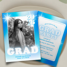Retro Y2K Cyber Blue Neon Graduation Photo Party