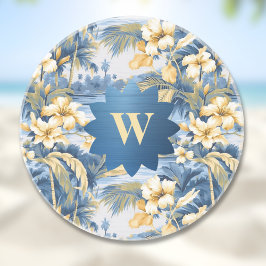 Retro Yellow Blue Floral n Tropical Palms Initial  Getränkeuntersetzer