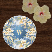 Retro Yellow Blue Floral n Tropical Palms Initial Getränkeuntersetzer