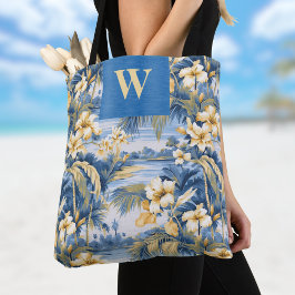 Retro Yellow Blue Floral n Tropical Palms Initial  Tasche