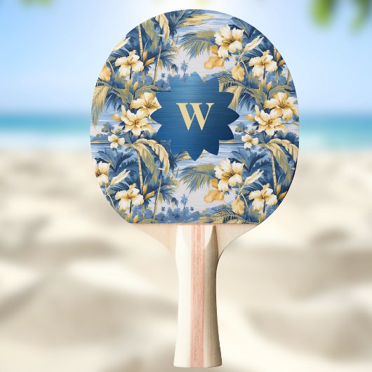 Retro Yellow Blue Floral n Tropical Palms Initial  Tischtennis Schläger