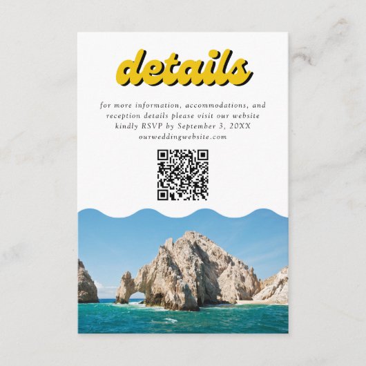Retro Yellow Cabo Wedding Details QR Code Begleitkarte (Vorderseite)