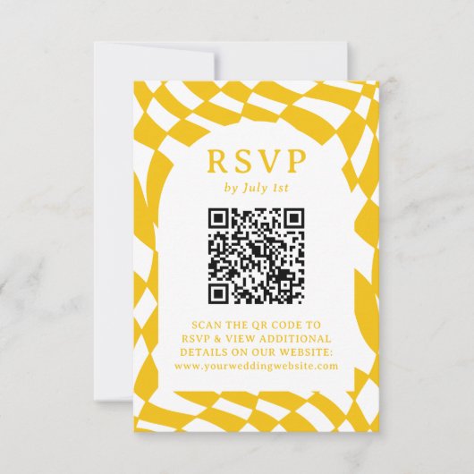 Retro Yellow Checkerboard QR Code Hochzeit RSVP Karte (Vorderseite)
