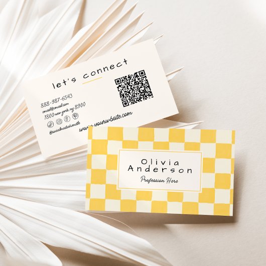 Retro yellow Cream Wavy Checkered Pastel QR Code Visitenkarte